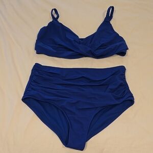 Popilush Royal Blue Ruched High-Waisted Bikini Set